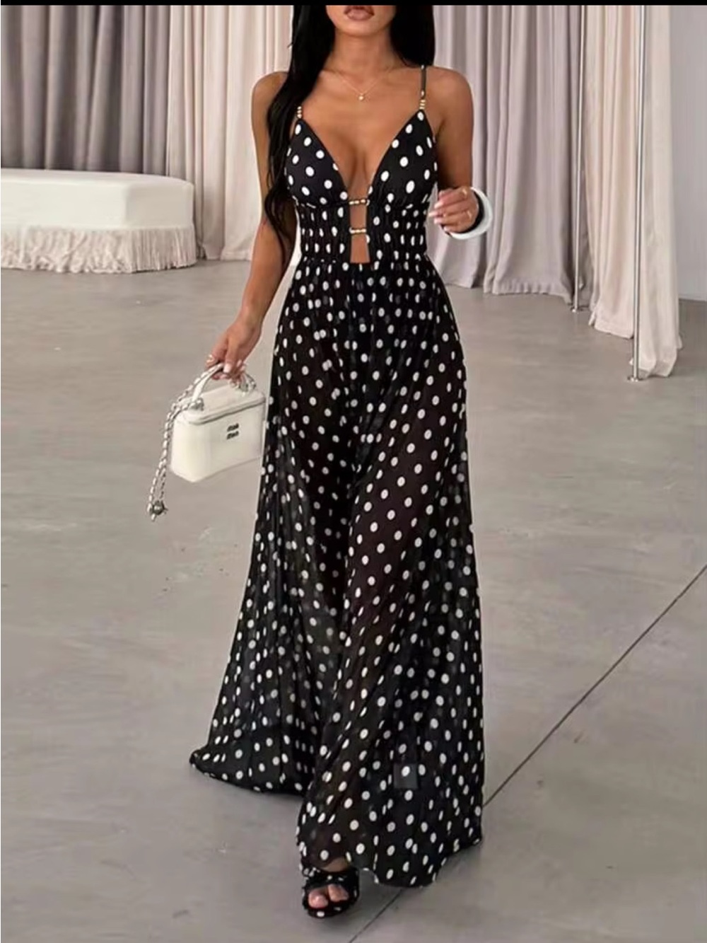 Black Polka Dot Spaghetti-Strap Maxi Dress